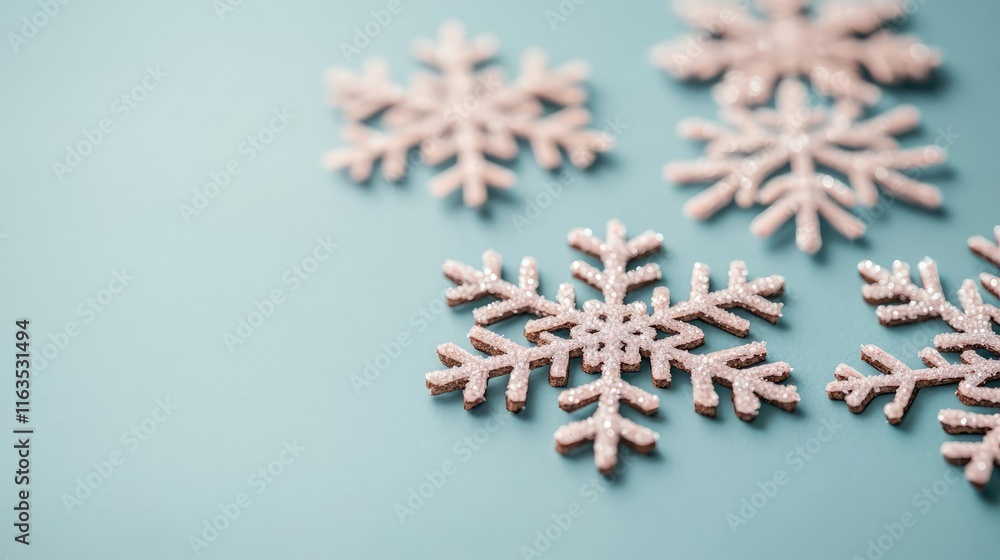 Poster Snowflake abstract background idea. Delicate snowflakes on a pastel background create a winter wonderland feel.