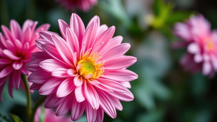 Obraz premium Close-up of a vibrant pink dahlia flower in full bloom, surrounded by other blossoms, showcasing intricate petal details and a bright yellow center.