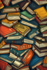 A vibrant cartoon-style illustration of books is arranged in an organized and colorful pattern, against a background filled with various shades of brown and grey for depth.