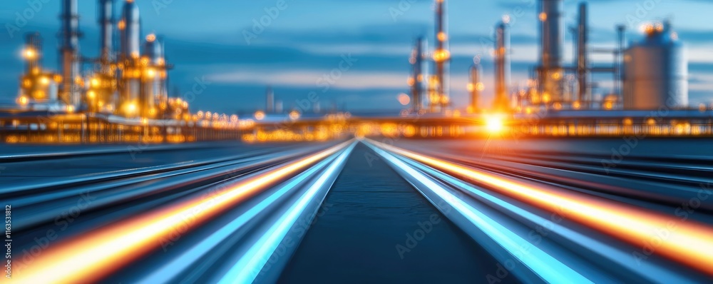 Poster Brushed abstract background concept. Dynamic view of industrial area with illuminated pipelines at dusk.