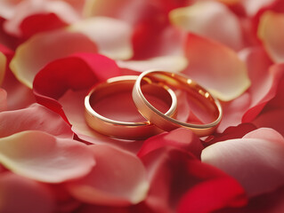 A pair of gold wedding bands rings on a bed of pink and champagne rose petals