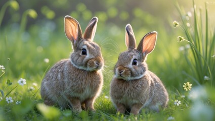 Obraz premium Adorable Rabbits in Sunny Green Grass Spring Nature Scene