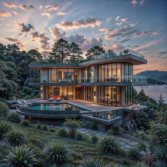 The image showcases a luxurious modern house with large glass windows, set against a serene lakeside backdrop during sunset. The house features an infinity pool, lush greenery, and a warm, inviting in