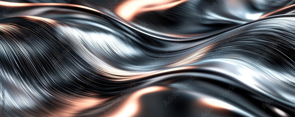 Poster Brushed abstract background concept. Abstract metallic wave pattern showcasing smooth, reflective surfaces and light interplay.