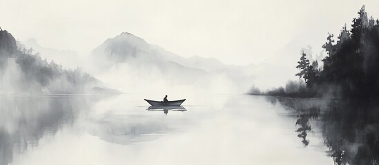 Fototapeta na wymiar Misty lake landscape with small boat.