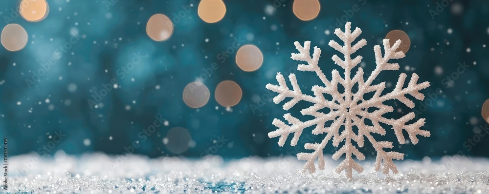 Poster Snowflake abstract background idea. A beautiful snowflake surrounded by sparkling snow and soft winter bokeh lights.