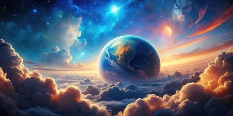 Celestial Sphere Above a Sea of Clouds at Sunrise with Distant Star Clusters