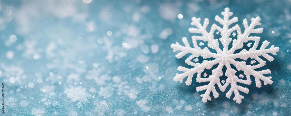 Poster Snowflake abstract background idea. A delicate snowflake against a soft blue background, capturing winter's beauty and magic.