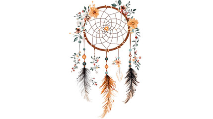 Obraz premium hand drawn boho dreamcatcher with delicate beads and feathers, featuring floral elements and natural color palette