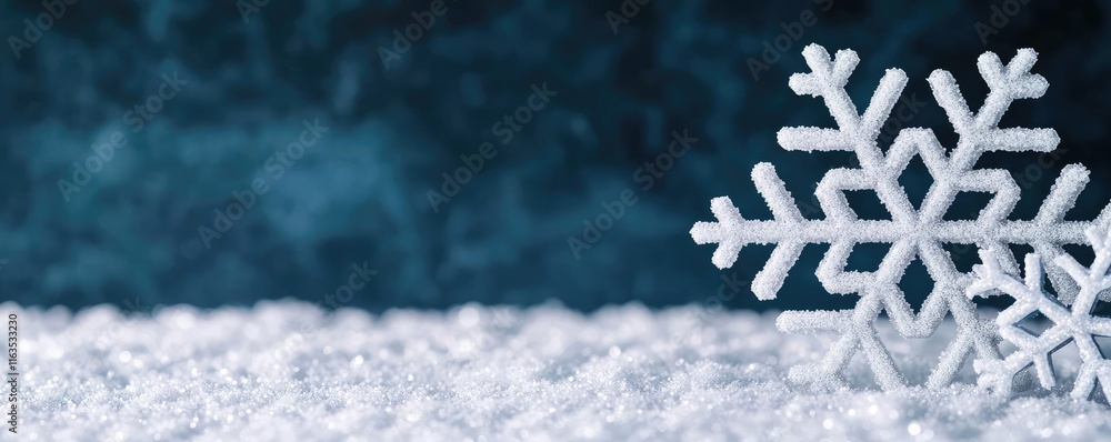 Aufkleber Snowflake abstract background idea. A close-up view of a snowflake on a soft snow surface, capturing winter's beauty.