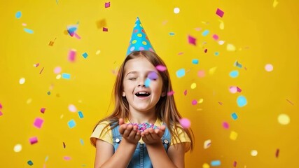 Cheerful young girl celebrating her birthday with colorful confetti in a bright and vibrant setting, exuding happiness and joy.