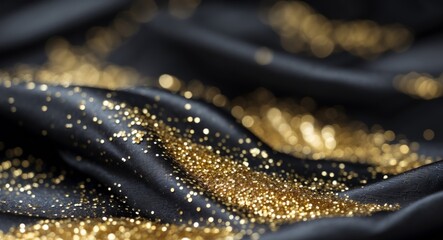 Shimmering Gold Glitter on Black Silk Fabric for Elegant Background
