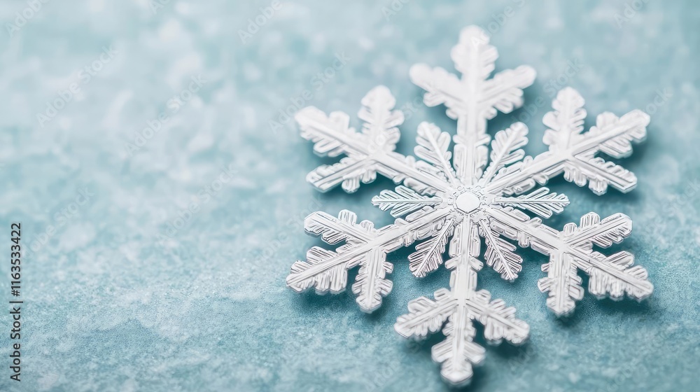 Poster Snowflake abstract background idea. Close-up of a delicate snowflake on a soft blue background, showcasing intricate patterns.