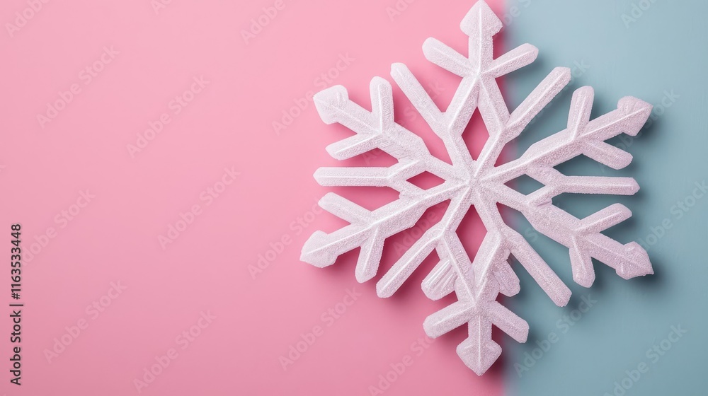 Poster Snowflake abstract background idea. Stylish snowflake design on a pastel pink and blue background for festive themes.