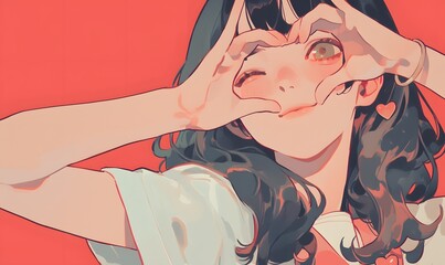 Fototapeta premium Anime style, smiling girl making heart with hands, Generative AI