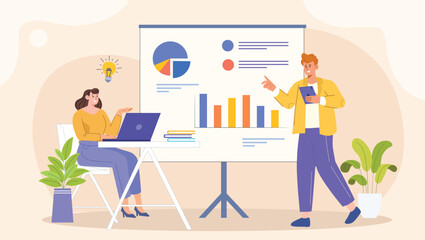 Fototapeta premium An engaging illustration showcasing a team collaborating on graphical presentation concepts, featuring brainstorming sessions, digital tools, and presentation boards to refine ideas.