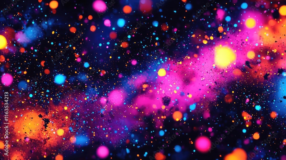 Poster splatter abstract background concept. a vibrant cosmic background with colorful spots and stars in a