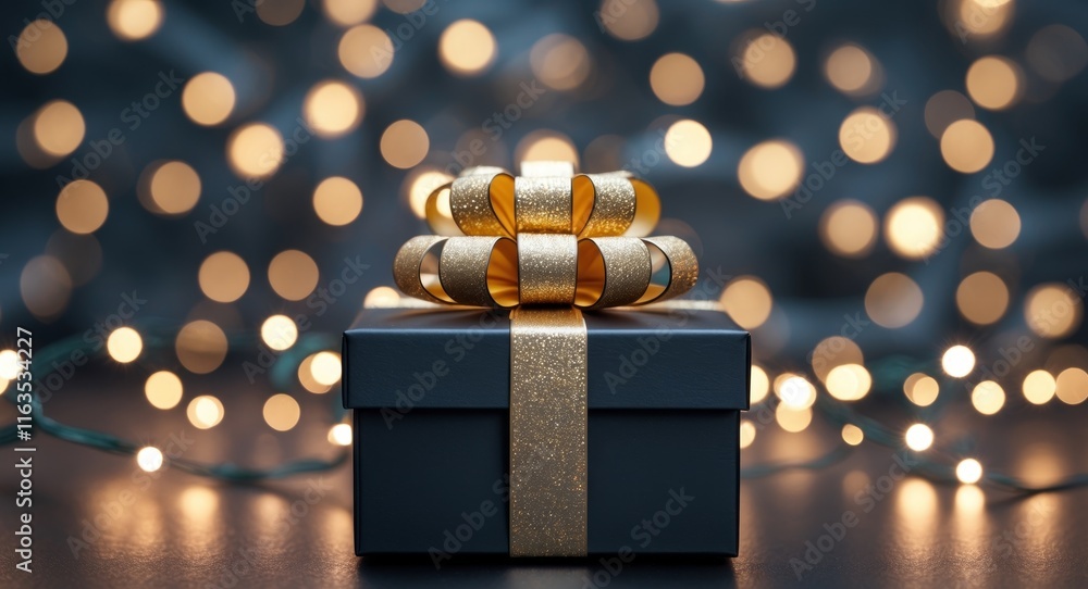 Poster Elegant Black Gift Box With Golden Bow Surrounded by Sparkling Lights Creating a Festive Atmosphere