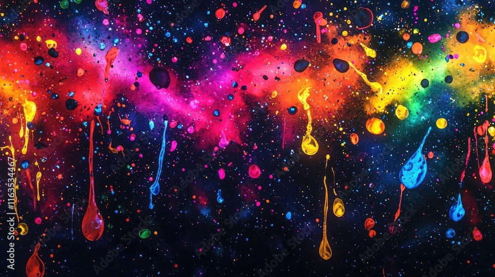 Poster Splatter abstract background concept. Vibrant splash of rainbow colors on a dark background, creating a cosmic artistic effect.
