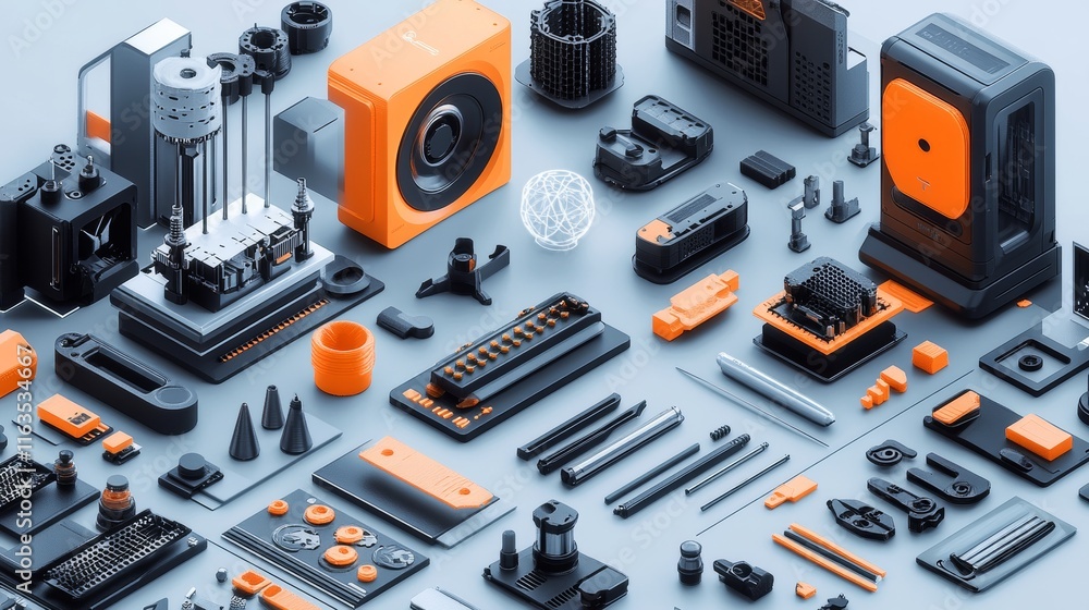 Poster variety of 3d printed objects arranged neatly on modern table