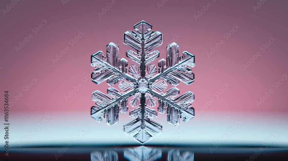 Poster Snowflake abstract background idea. A detailed close-up of a crystal snowflake on a soft pink background, showcasing its beauty.