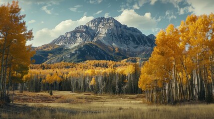 A scenic mountain landscape with vibrant autumn foliage and a clear sky.
