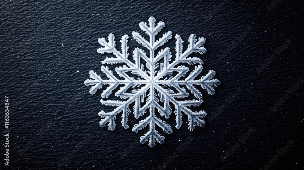 Poster Snowflake abstract background idea. A close-up of a detailed snowflake on a dark background, showcasing its unique patterns.