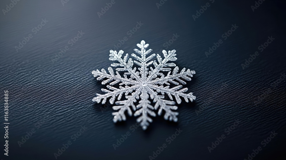 Aufkleber Snowflake abstract background idea. A close-up view of a delicate snowflake resting on a dark background.