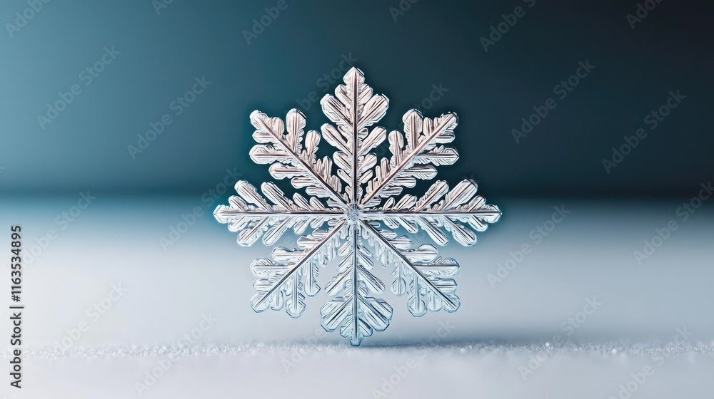 Aufkleber Snowflake abstract background idea. A close-up of a delicate snowflake against a soft blue background, showcasing nature's beauty.