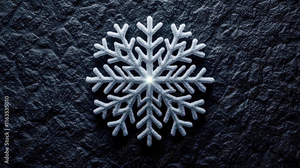 Poster Snowflake abstract background idea. A close-up of a snowflake on a textured dark background, showcasing its intricate design.