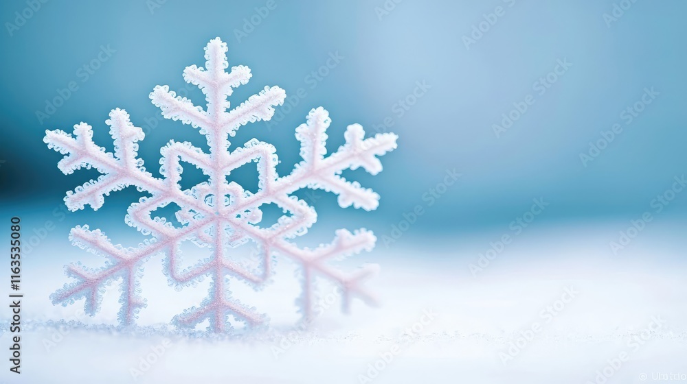 Poster Snowflake abstract background idea. A delicate snowflake resting on a blanket of snow, showcasing winter's icy beauty.