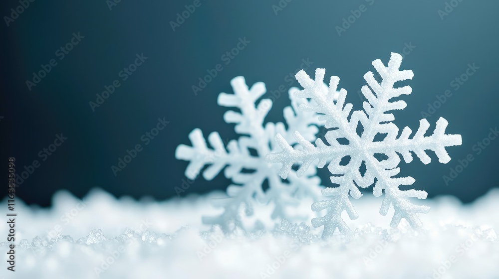 Aufkleber Snowflake abstract background idea. A close-up view of a snowflake resting on soft snow, highlighting intricate icy details.