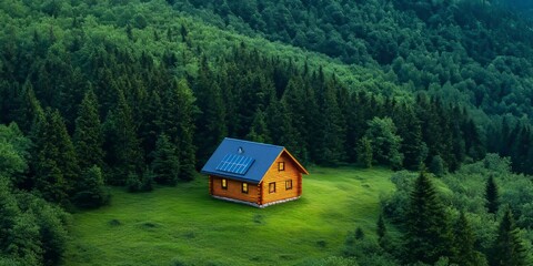 Serene cabin retreat lush forest landscape photography tranquil environment aerial view nature escape
