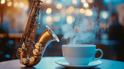 Saxophone melodies and steaming coffee cozy home close-up view warm ambiance serenity concept