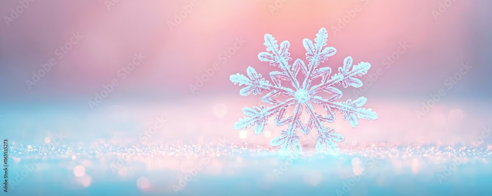 Poster Snowflake abstract background idea. A beautiful snowflake resting on a soft bed of snow, illuminated by soft pastel colors.