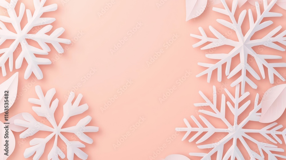 Poster snowflake abstract background idea. elegant paper snowflakes decorate a soft pink background, perfec
