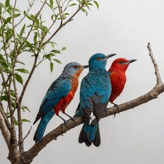 Obraz premium A pair of colorful cuckoos with contrasting plumage, one predominantly red and the other blue, perched on a branch with a white background.