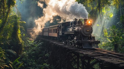 Obraz premium Vintage steam train on a wooden bridge through a lush jungle, steam rising, sunlight streaming through trees.