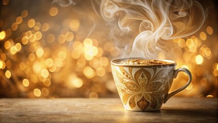 Aromatic Steam Rising from an Ornate Cup of Warm Beverage Against a Sparkling Background
