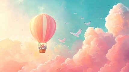 Obraz premium Dreamy Hot Air Balloon Ride Above Cotton Candy Clouds