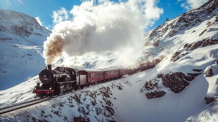 Obraz premium Scenic steam train climbs snowy mountain pass.