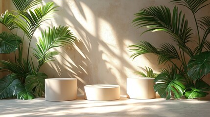 Obraz premium A serene indoor setting with three minimalist pedestals surrounded by lush green plants.