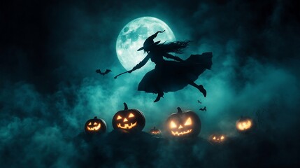 Silhouette of a witch flying over pumpkins at night under a full moon.