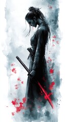 Mysterious samurai wielding a glowing katana, framed by swirling smoke, cherry blossoms, and sharp-edged patterns.