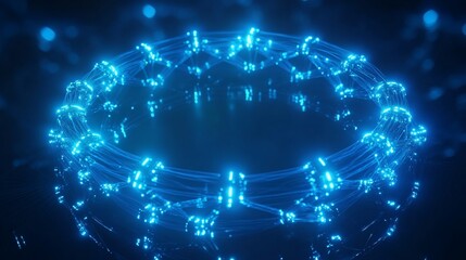 Abstract glowing blue circular structure with interconnected lines in dark background.