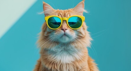 Fototapeta premium Trendy ginger cat wearing sunglasses on a turquoise background