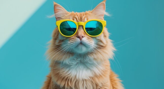 Trendy ginger cat wearing sunglasses on a turquoise background