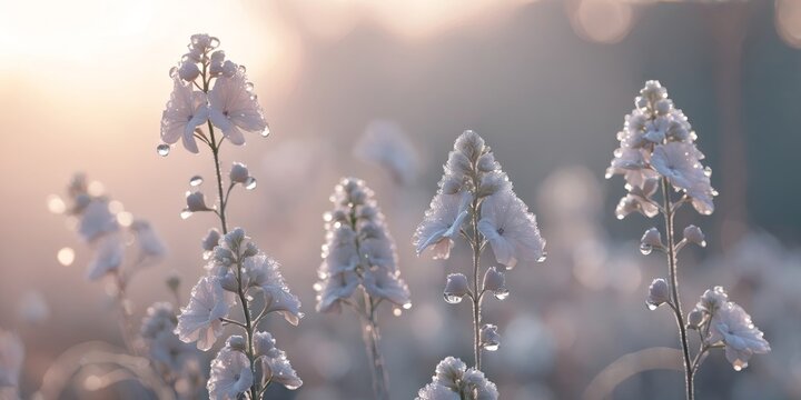 Phlox flowers adorned with dew glisten in the morning sun after autumn frost creating a serene atmosphere with shallow depth of field