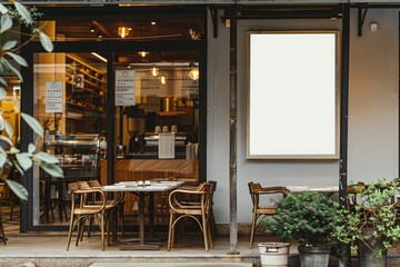 Mockup white paper or white sticker poster displayed on the front of the restaurant, coffee shop, Promotion information for marketing announcements and details. MZ