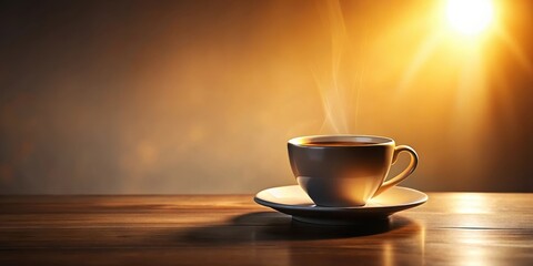 Obraz premium Aromatic Steam Rising From a Warm Cup of Coffee on a Wooden Table, Bathed in Golden Sunlight